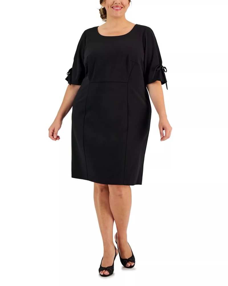 Front of a model wearing a size 18W Connected Women's Plus Size Tie-Sleeve Sheath Dress Black Size 18W in Black by Connected. | dia_product_style_image_id:312790